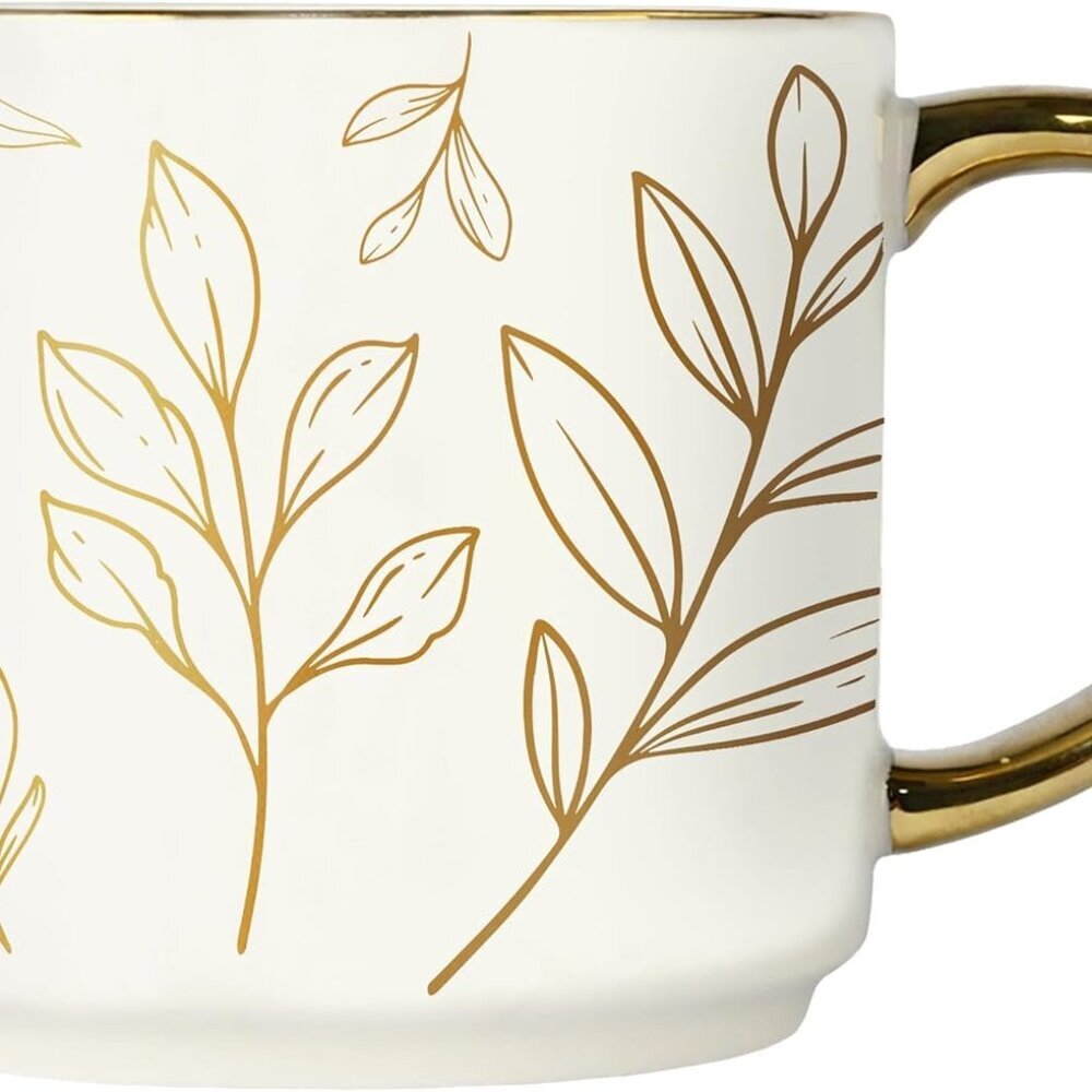 Gold Leaves Mug with Gold Handle, 14oz Fine Bone China Coffee Cup for Tea, Latte
